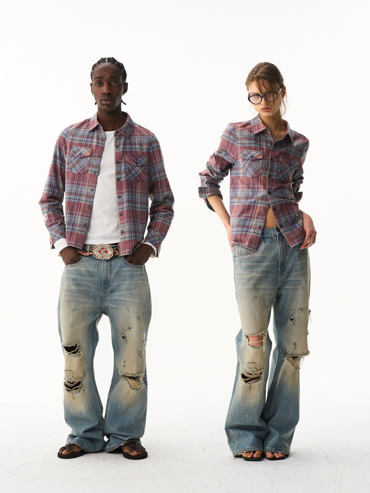 BLINDNOPLAN Cropped Plaid Button Down Shirt in Blue - On Model