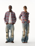 BLINDNOPLAN Cropped Plaid Button Down Shirt in Blue - On Model