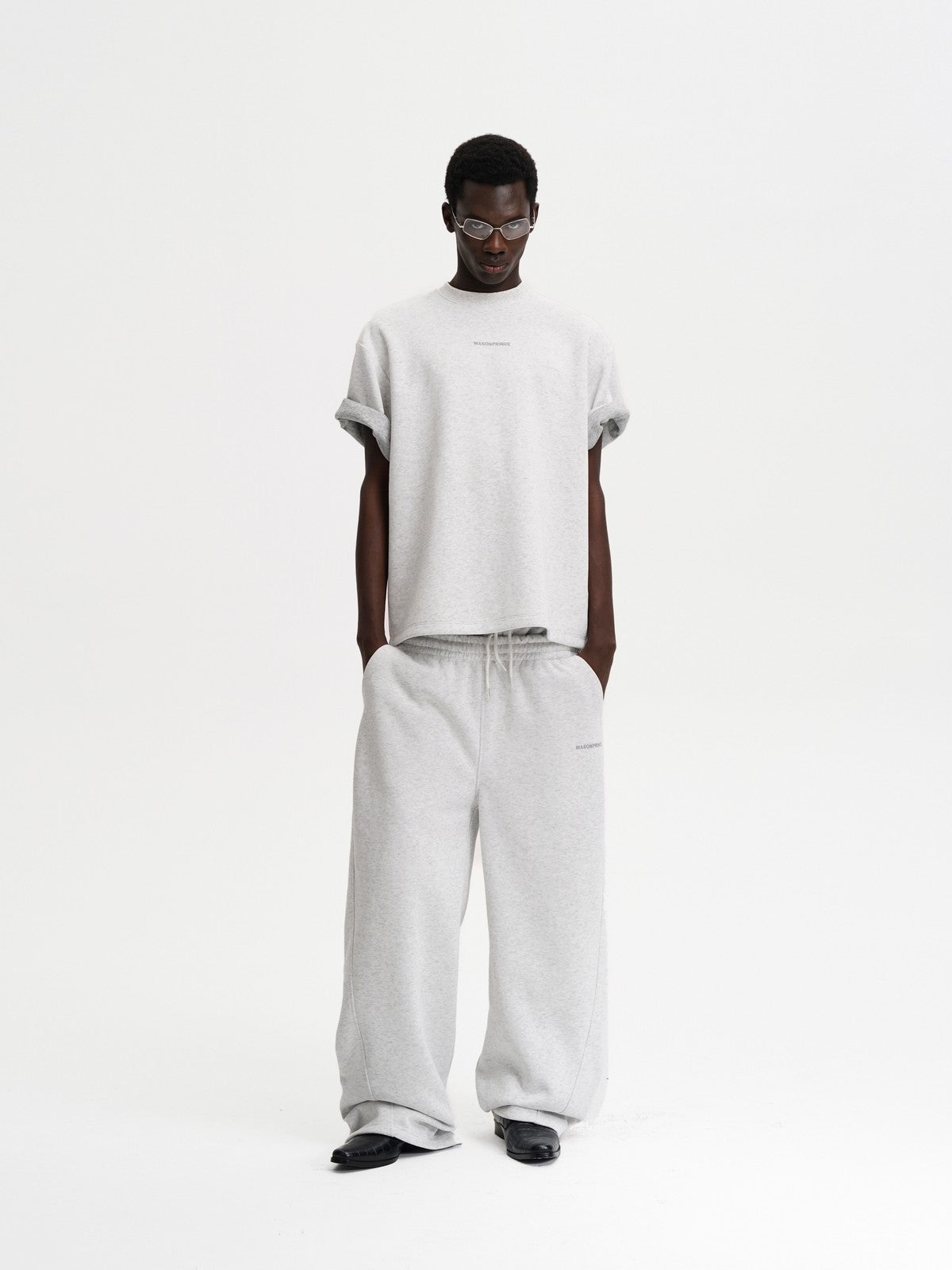 MASONPRINCE Structured Cropped T Shirt in Heather Gray - On Male Model