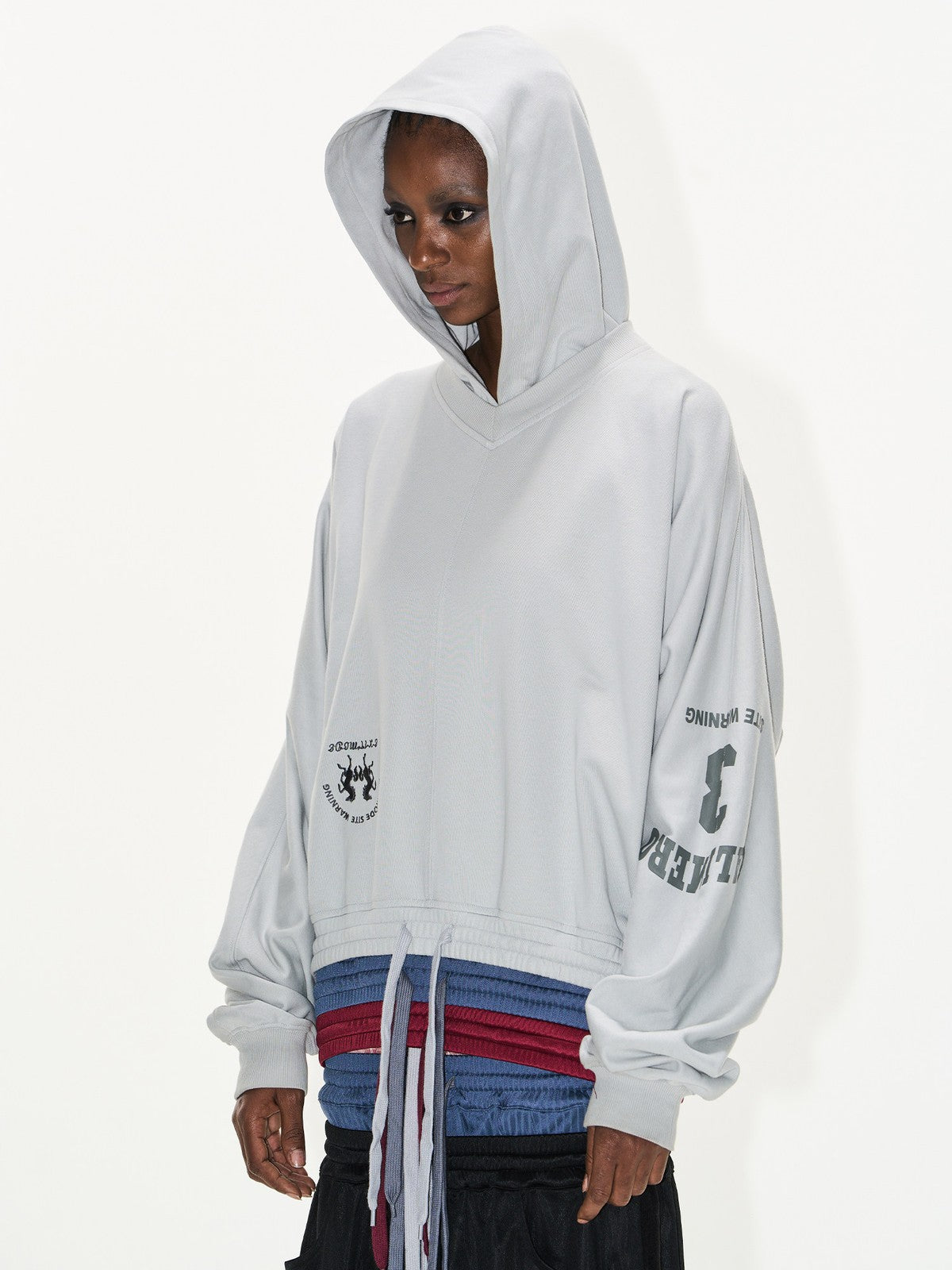 BLINDNOPLAN Layered Waistband Spliced Hoodie in Gray - On Female Model