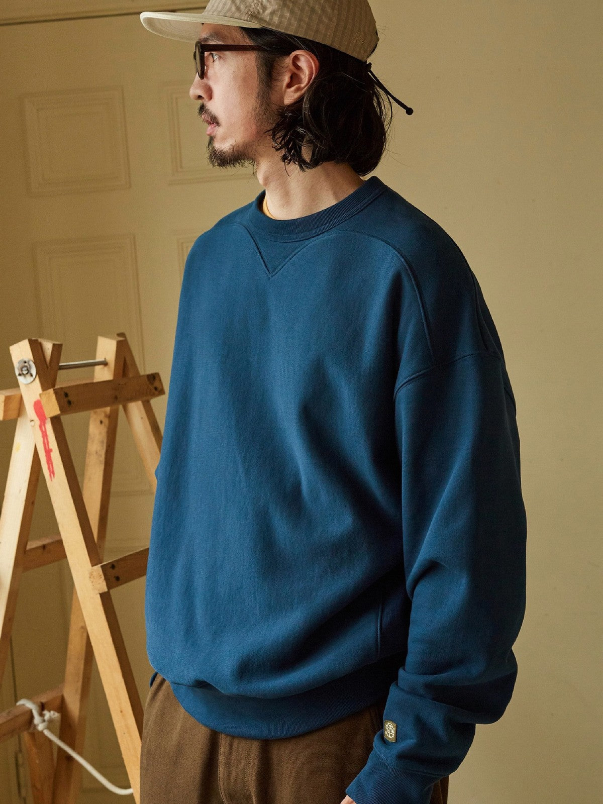 USAGE Reversible Cotton Crewneck Sweatshirt in Blue - On Male Model