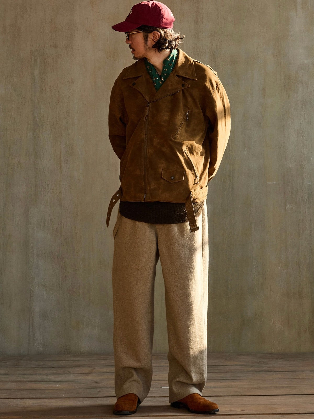 USAGE Distressed Faux Suede Moto Jacket in Brown - On Male Model