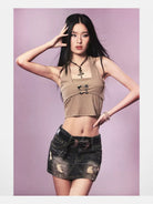 BeerBro Studded Distressed Denim Mini Skirt in Denim - On Female Model