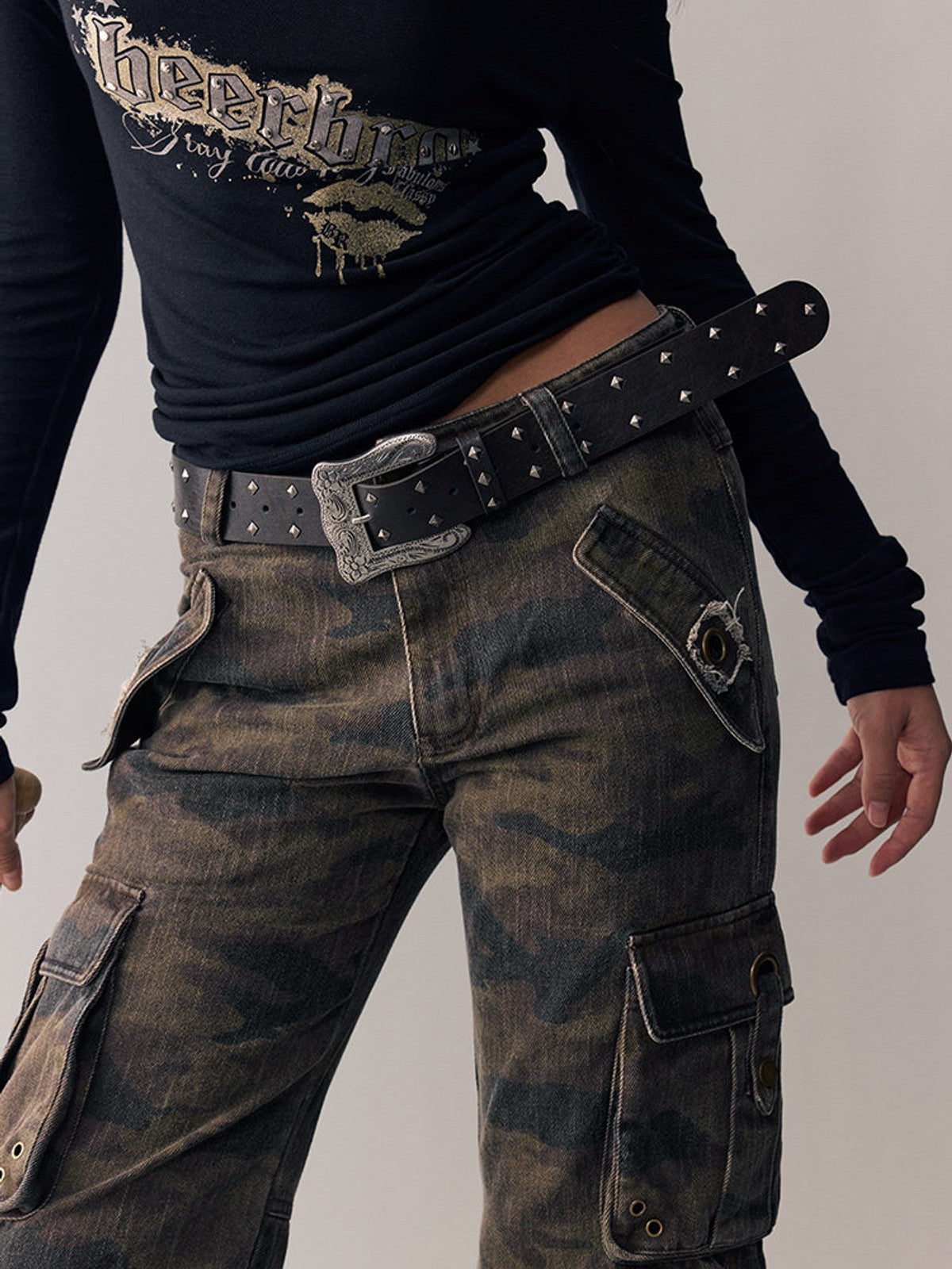 BEERBRO Washed Camo Micro Flare Cargo Pants in Brown - On Female Model