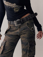 BEERBRO Washed Camo Micro Flare Cargo Pants in Brown - On Female Model