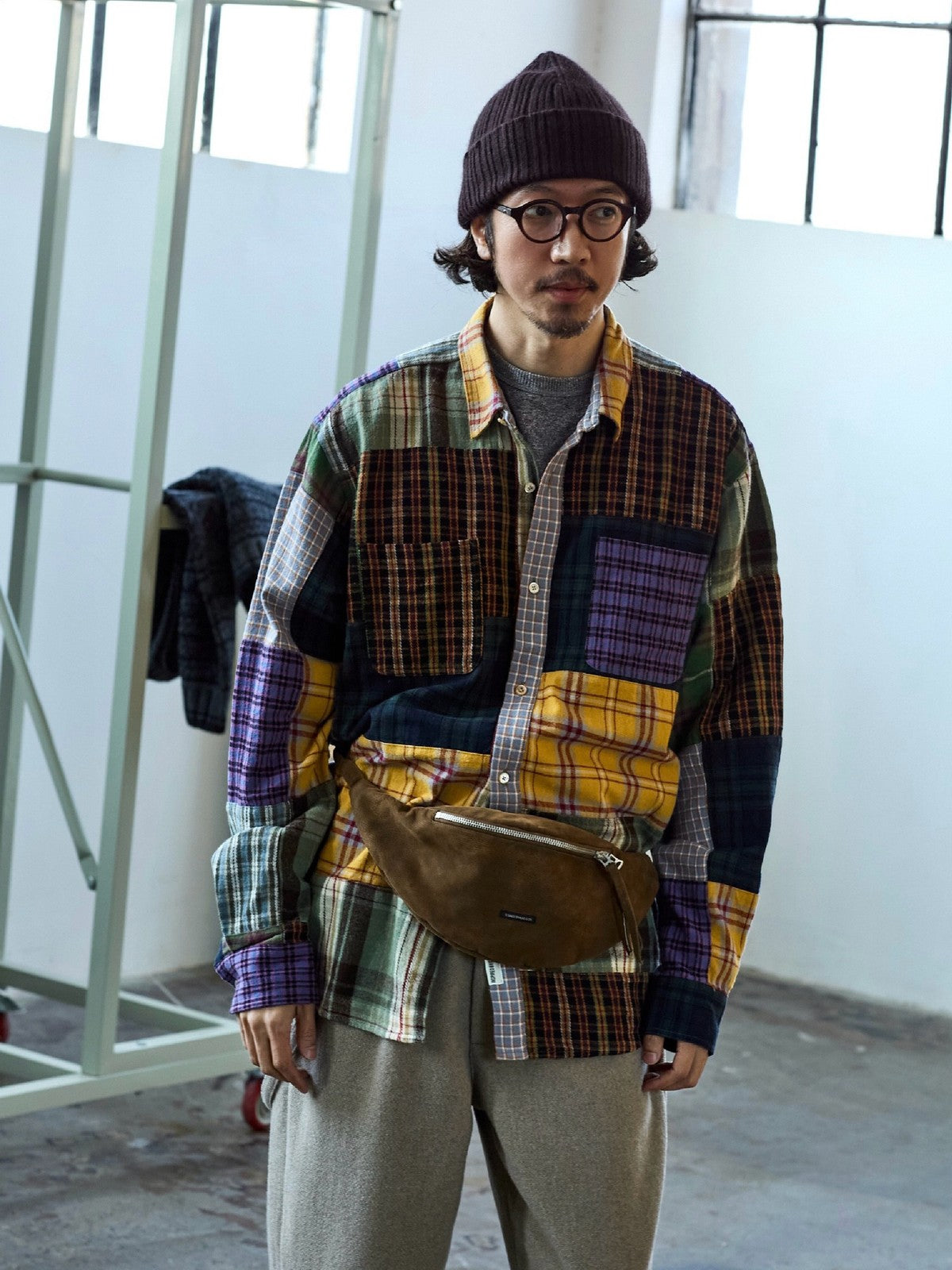USAGE Cotton Plaid Patchwork Shirt in Patchwork - On Male Model