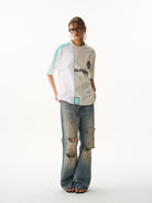 BLINDNOPLAN Panelled Embroidered Colorblock T Shirt in Beige - On Female Model