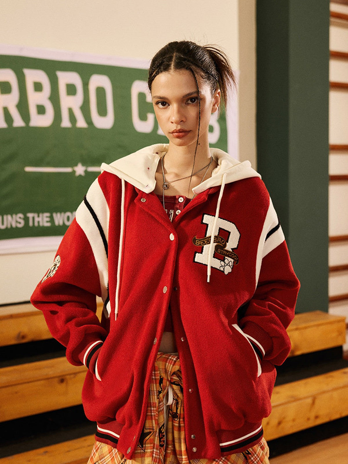 BEERBRO Detachable Hood Varsity Jacket in Red - On Female Model