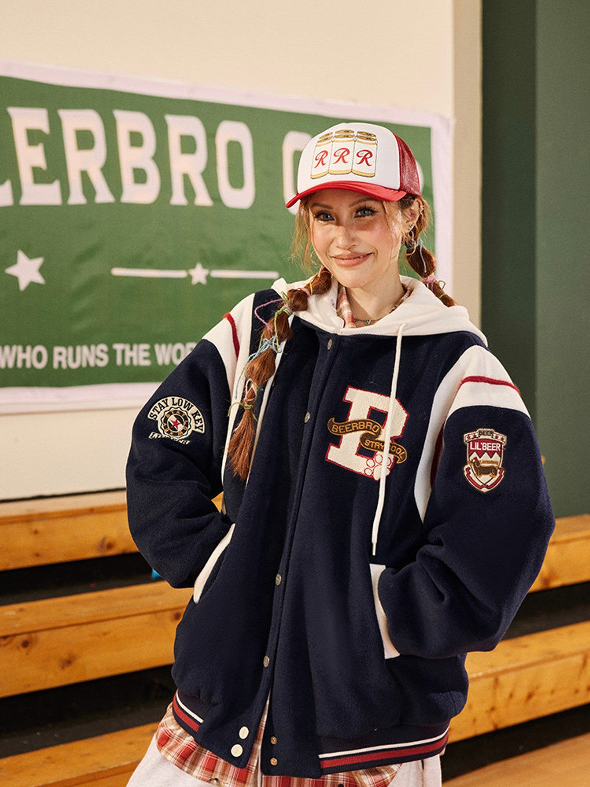 BEERBRO Detachable Hood Varsity Jacket in Navy Blue - On Female Model