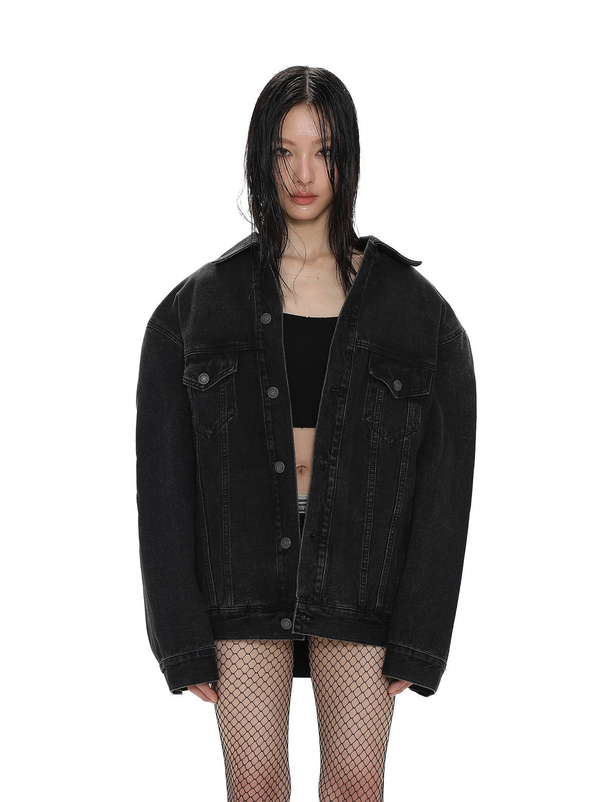 MASONPRINCE Reverse Detail Washed Denim Jacket in Black - On Female Model