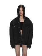 MASONPRINCE Reverse Detail Washed Denim Jacket in Black - On Female Model