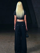 SMFK Wide Leg Cotton Cargo Sweatpants in Black - On Female Model