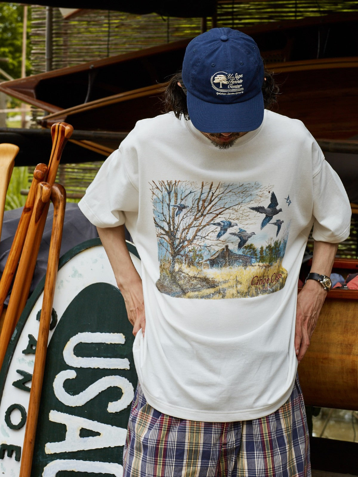 USAGE Canoe Club Graphic Cotton T Shirt in White - On Male Model