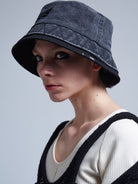 BLACKHEAD Washed Cotton Double Brim Bucket Hat in Gray - On Female Model