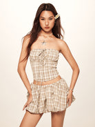 BEERBRO Plaid Bubble Hem Mini Skirt in Beige - On Female Model