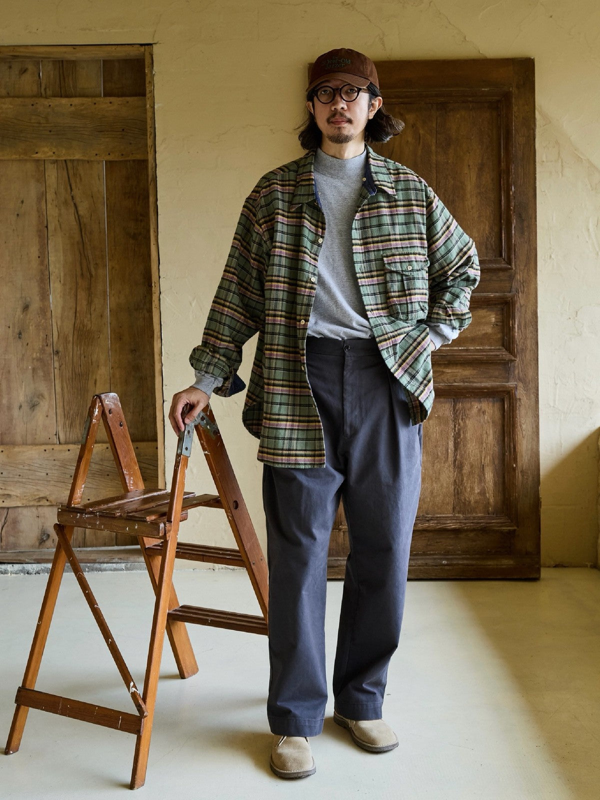 USAGE Detachable Hood Cotton Plaid Shirt in Green - On Male Model