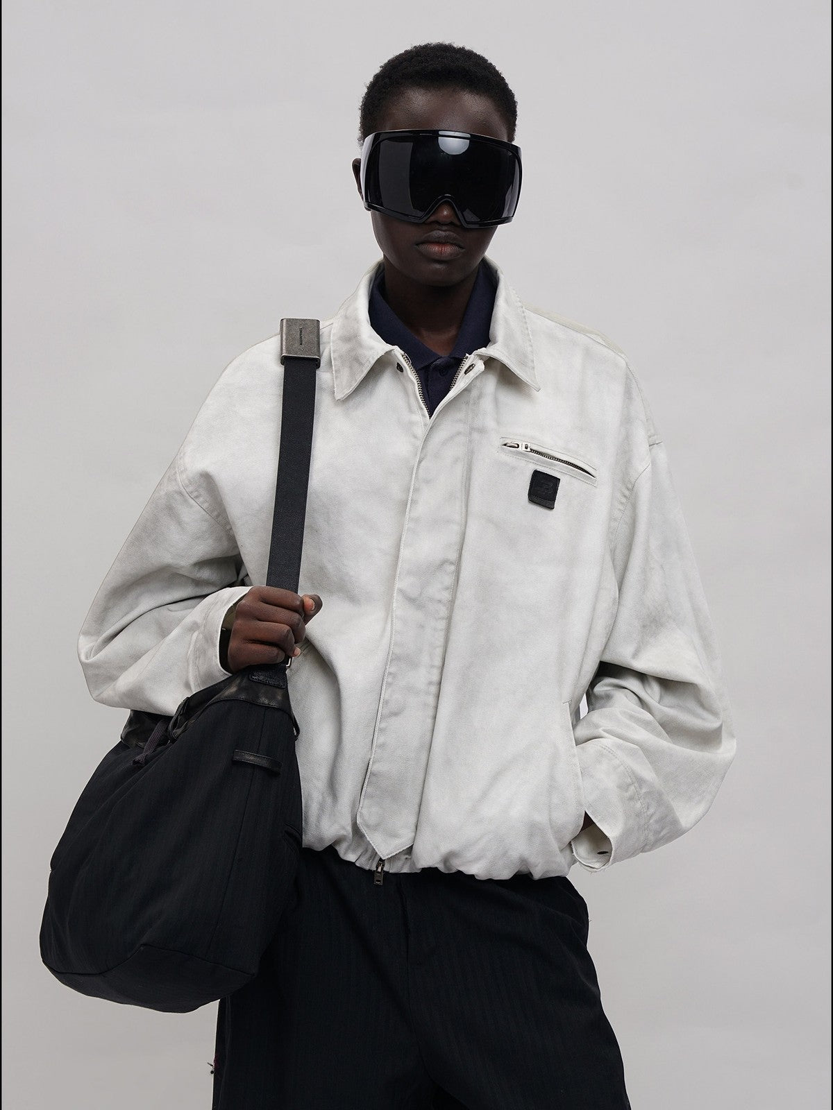 MASONPRINCE Distressed Cotton Cocoon Workwear Jacket in Gray - On Male Model