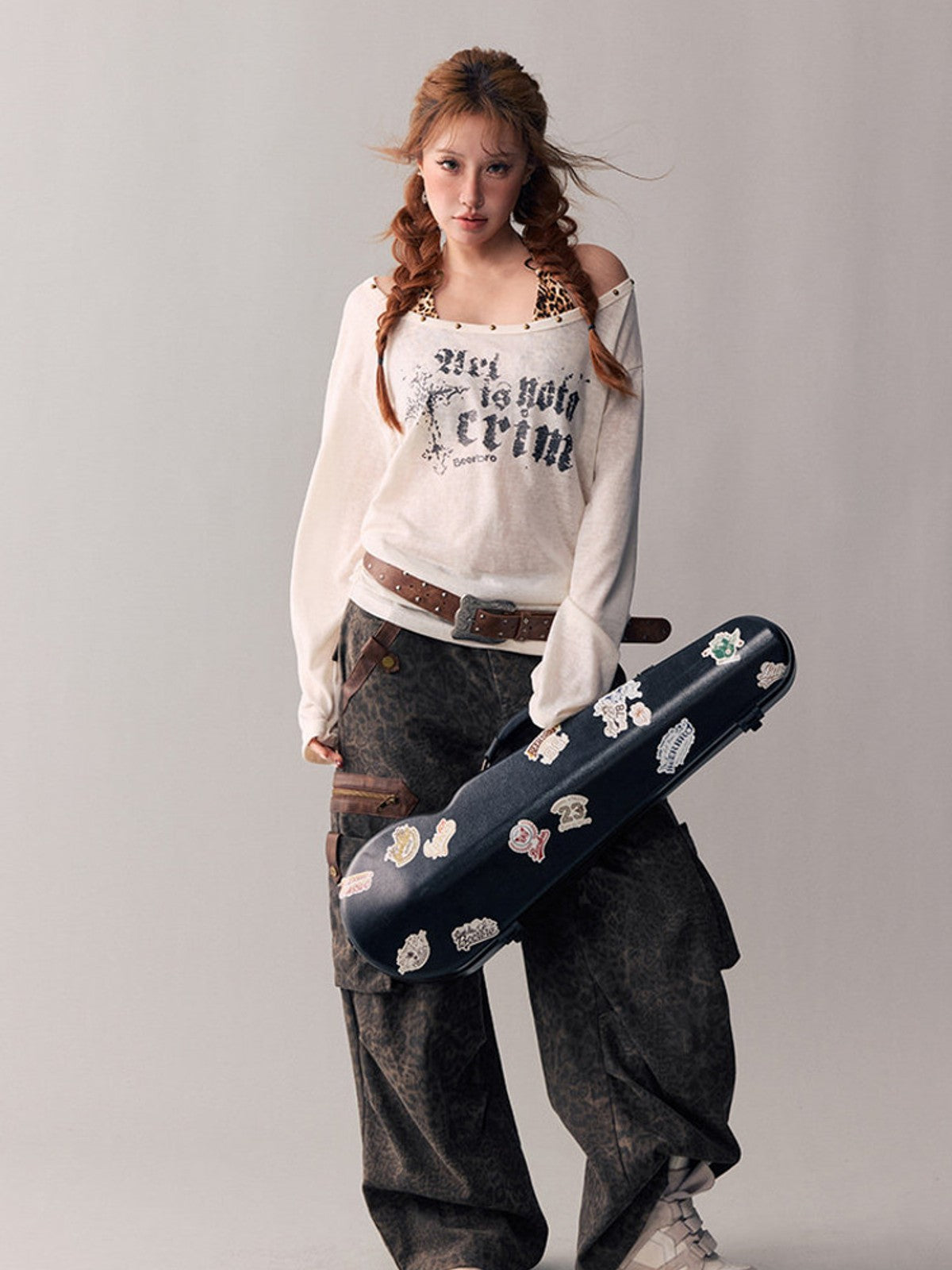 BEERBRO Leopard Print Spliced Cargo Pants in Brown - On Female Model