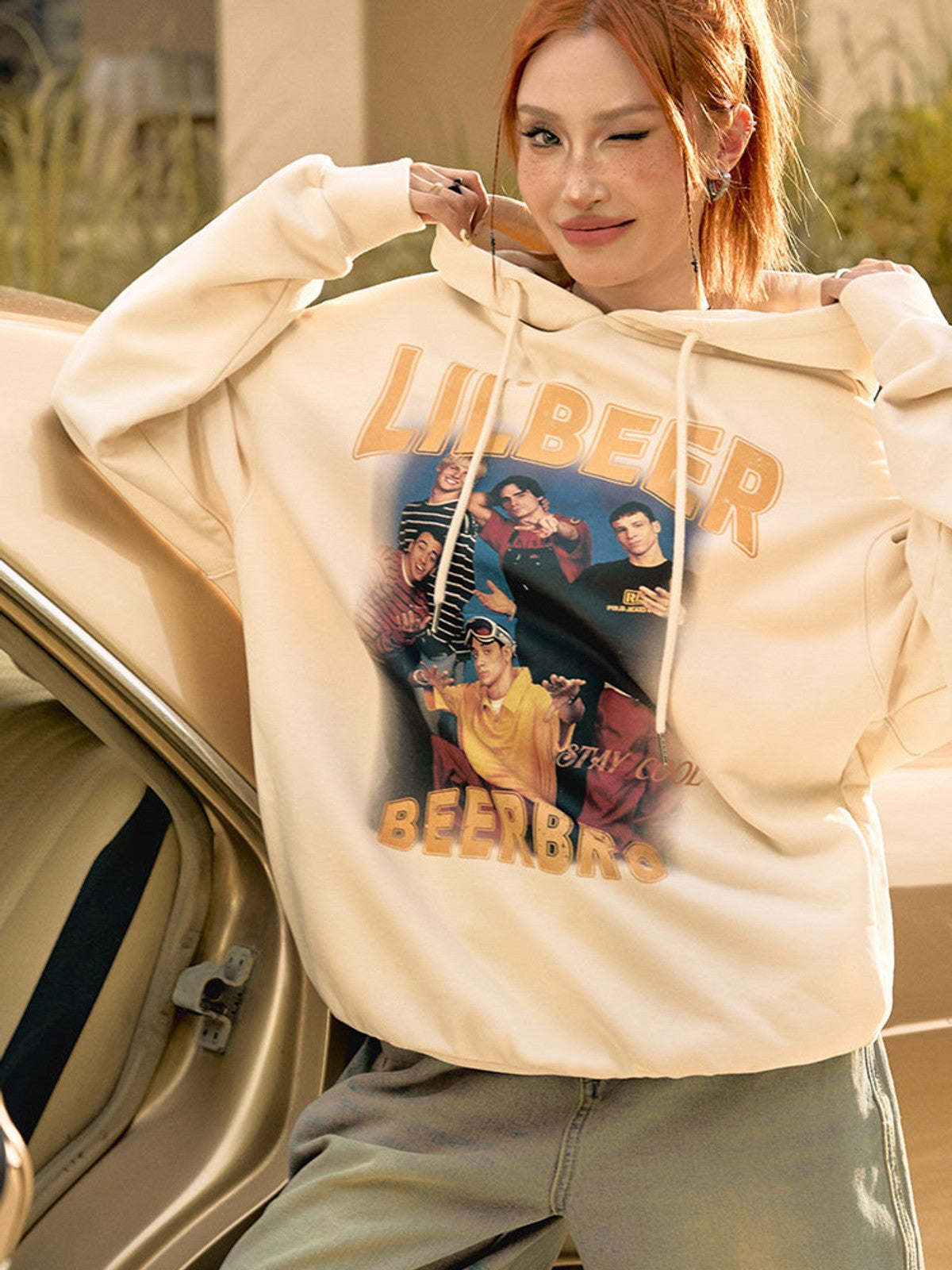 BEERBRO Retro Graphic Print Hoodie in Cream - On Female Model