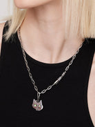 BLACKHEAD Green Eyed Cat Pendant Necklace in Gray - On Female Model
