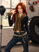 BEERBRO Faux Fur Trim Ribbed Cardigan in Black - On Female Model