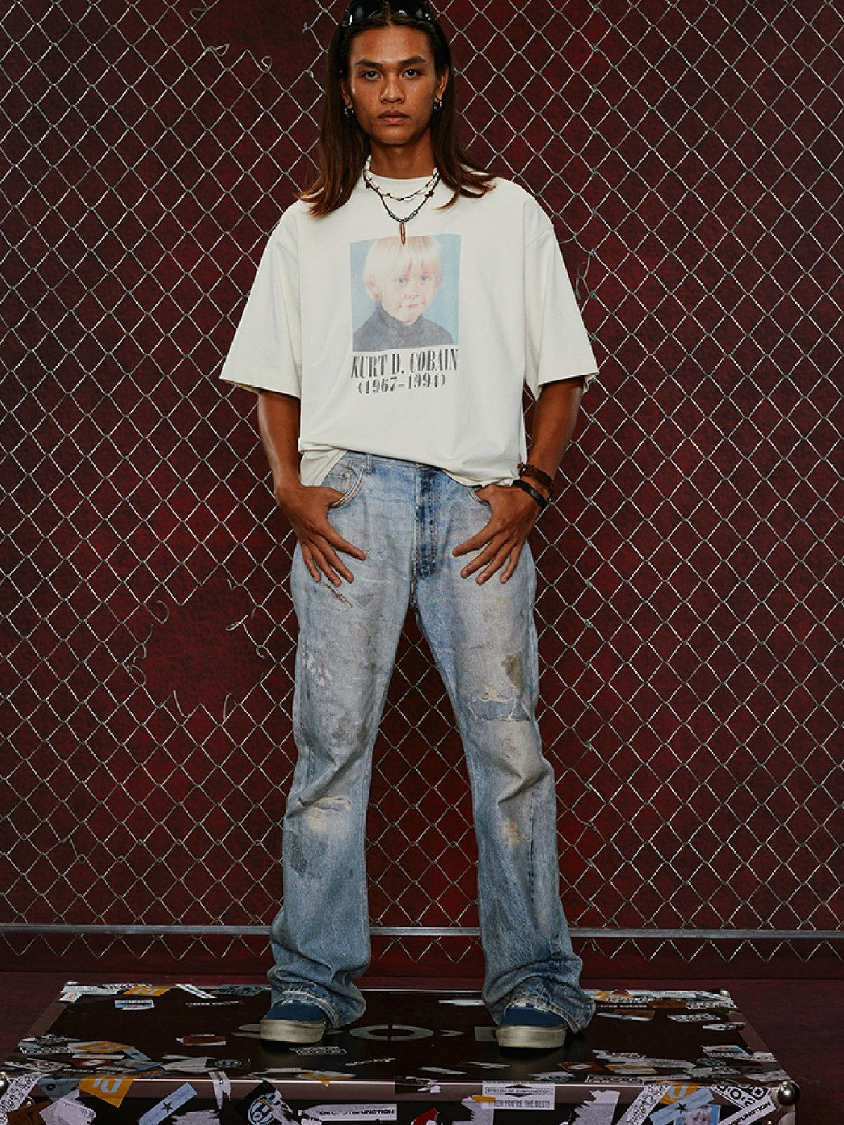 SOD Vintage Washed Graphic T Shirt in White - On Male Model