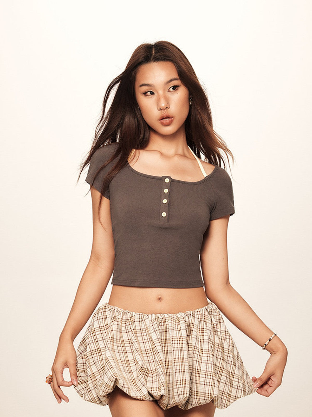 BEERBRO Faux Layered Knit Henley Crop Top in Beige - On Female Model