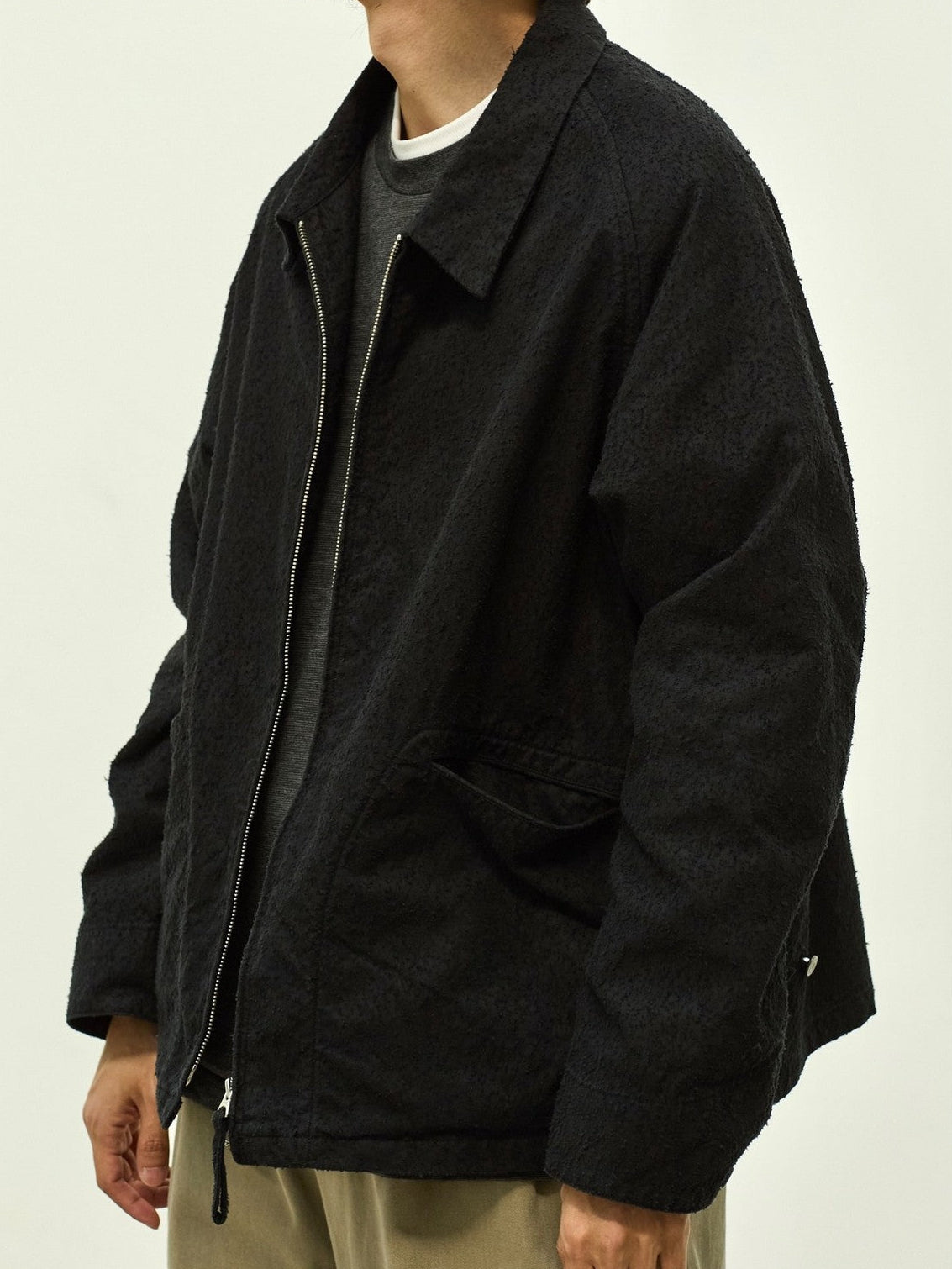 USAGE Textured Nep Blouson Jacket in Black - On Male Model