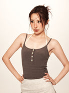 BEERBRO Ribbed Layered Halter Tank in Coffee - On Female Model