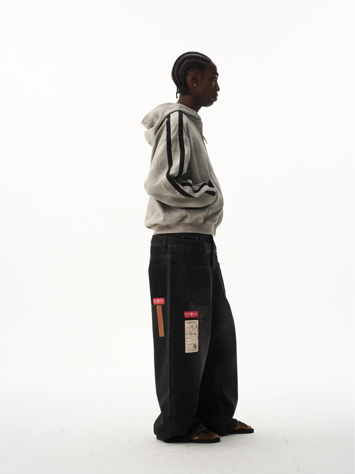 BLINDNOPLAN Distressed Embroidered Zip Up Hoodie in Gray - On Male Model