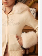 BeerBro Fur Trimmed Rhinestone Knit Hoodie in Apricot - On Female Model