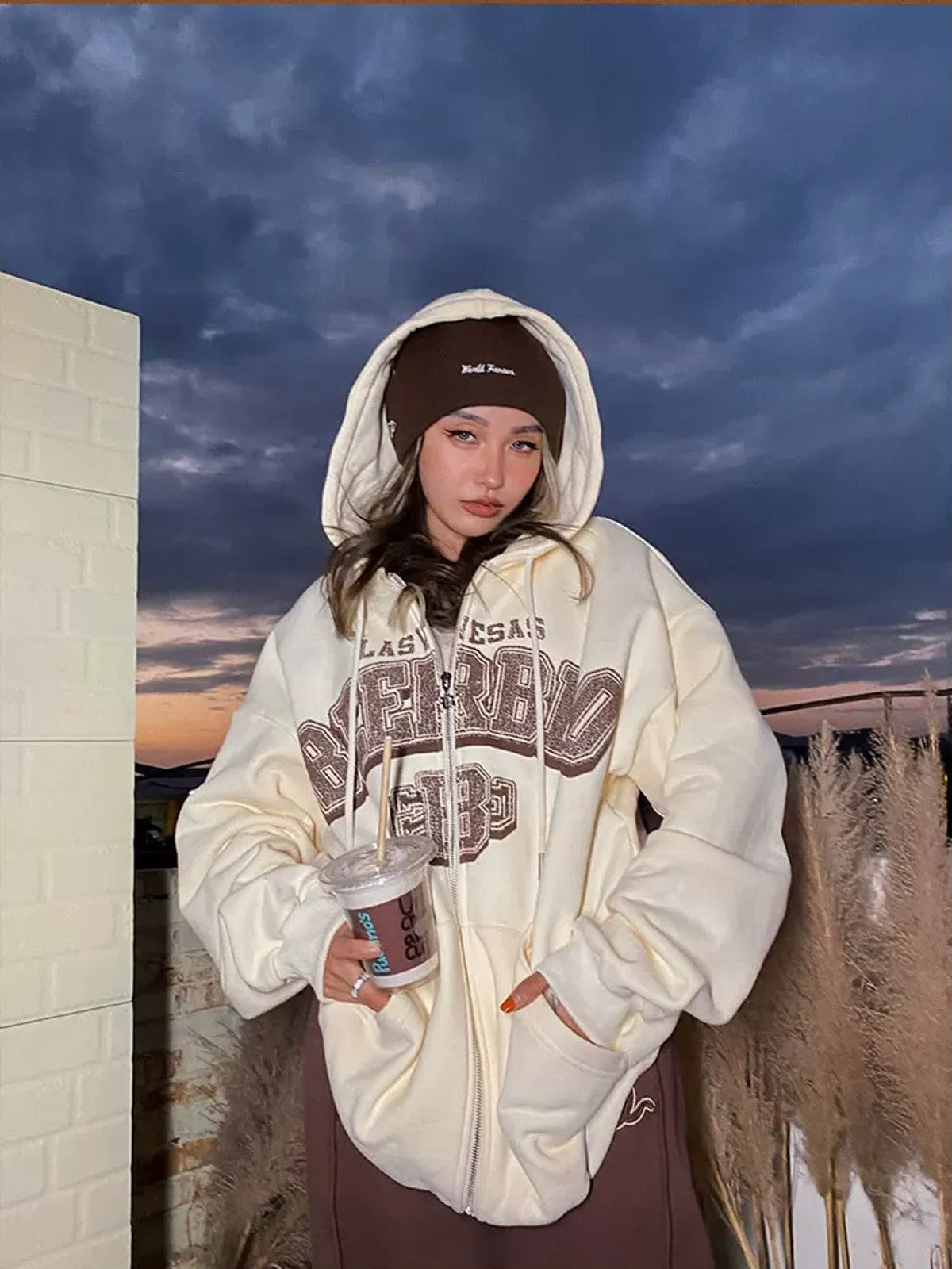 BeerBro Fleece Lined Split Hem Sweatpants in Cream - Lifestyle