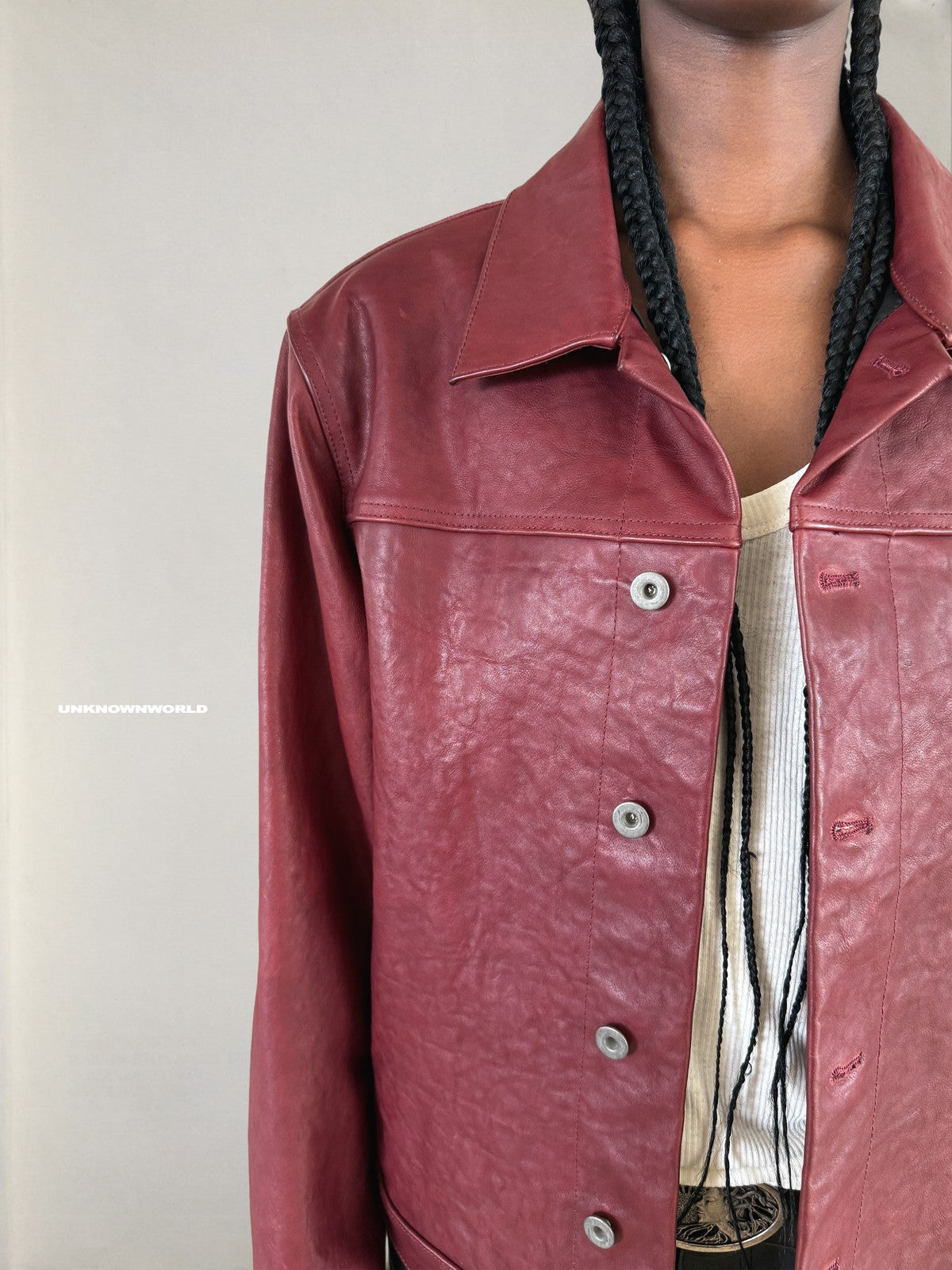 UNKNOWNWORLD Distressed Scarlet Leather Jacket in Red - On Model