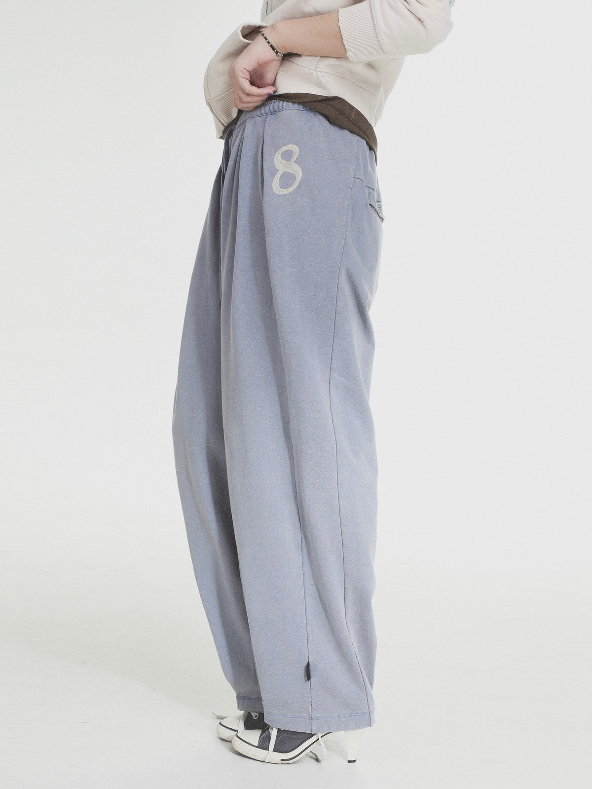 MASONPRINCE Wide Leg Inverted Pleat Sweatpants in Purple - On Model