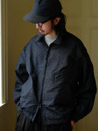 USAGE Jacquard Check Harrington Jacket in Navy Blue - On Male Model