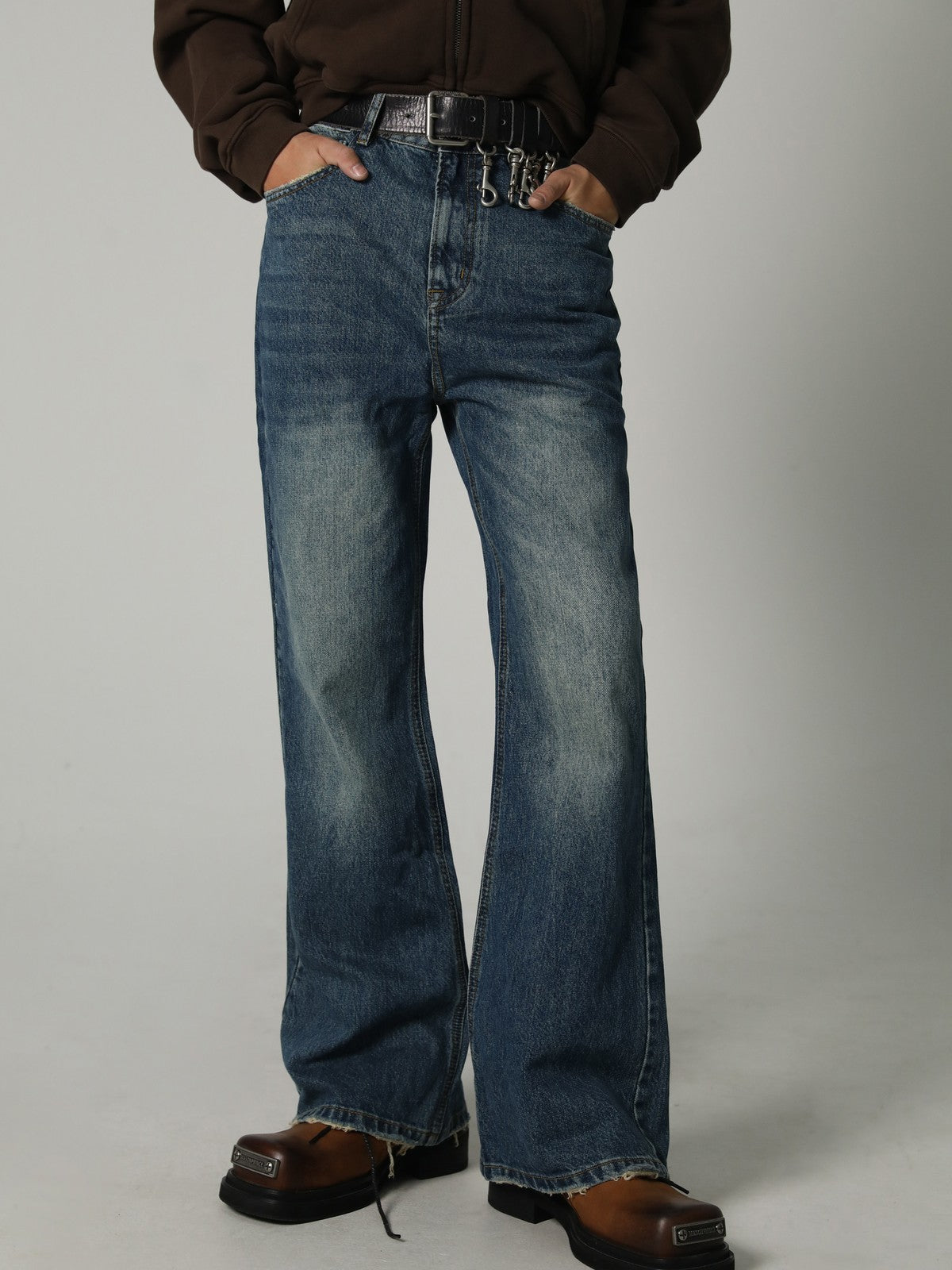 MASONPRINCE High Waisted Distressed Flared Jeans in Navy Blue - On Model