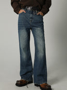 MASONPRINCE High Waisted Distressed Flared Jeans in Navy Blue - On Model