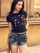 BEERBRO Embroidered Apple Crop Tee in Black - On Female Model