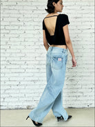 FaxCopyExpress Washed Cotton Gardener Jeans in Blue - On Female Model