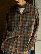 USAGE Washed Crinkle Plaid Open Collar Shirt in Orange - On Male Model