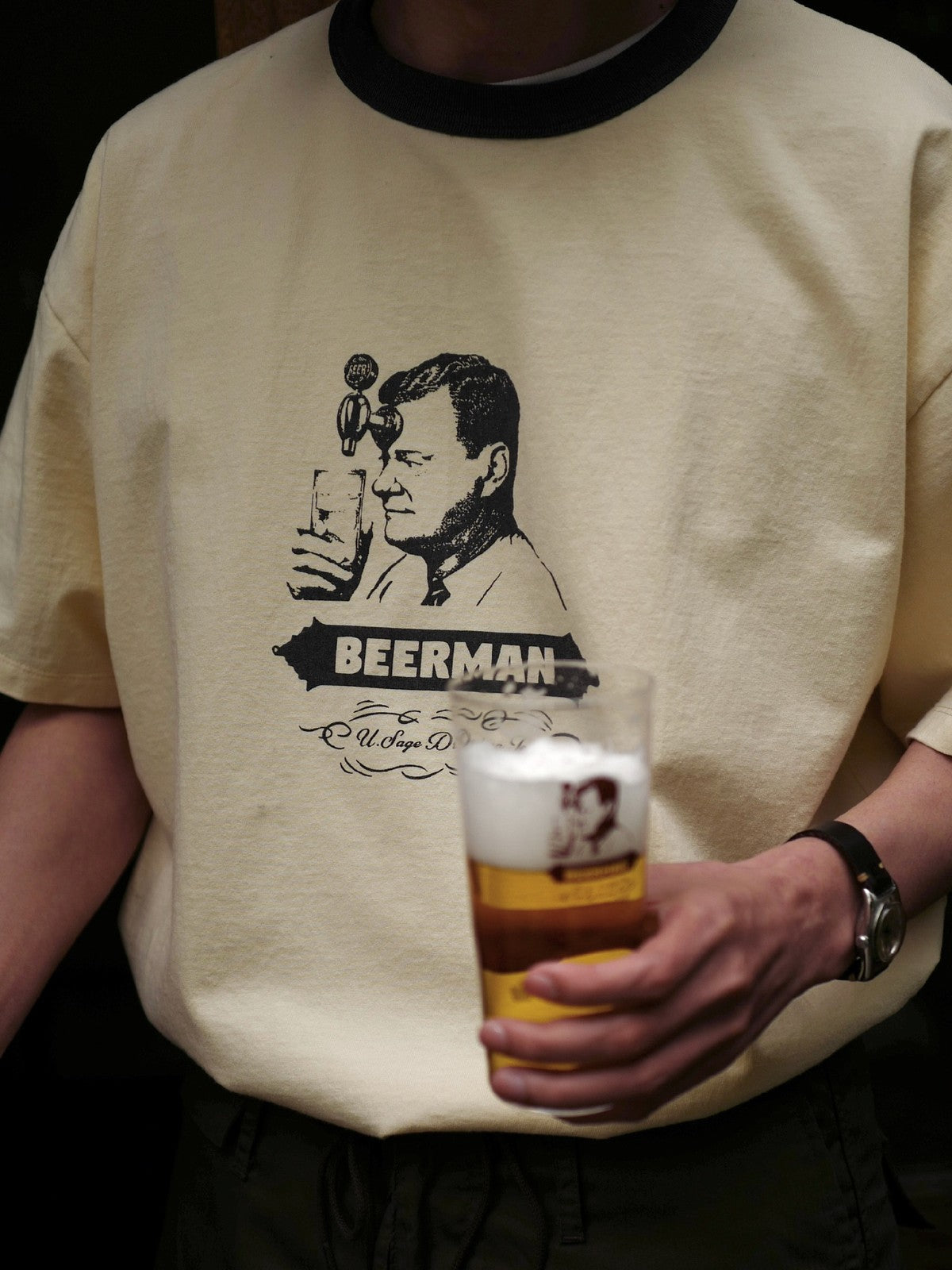 USAGE Graphic Cotton Ringer T Shirt in Cream - On Male Model