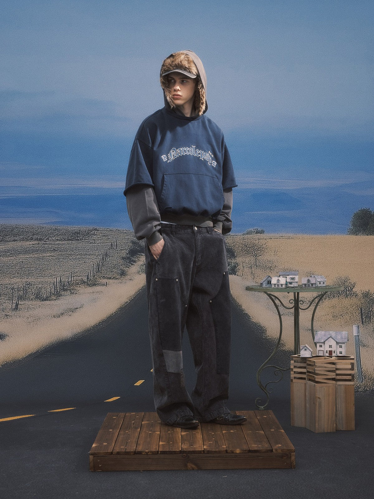 SOD Distressed Layered Effect Hoodie in Blue - On Male Model
