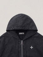 SMFK Distressed Washed Cotton Zip Up Hoodie in Gray - Detail