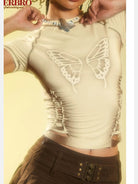 BeerBro Airbrush Butterfly Cutout Tee in Cream - On Female Model