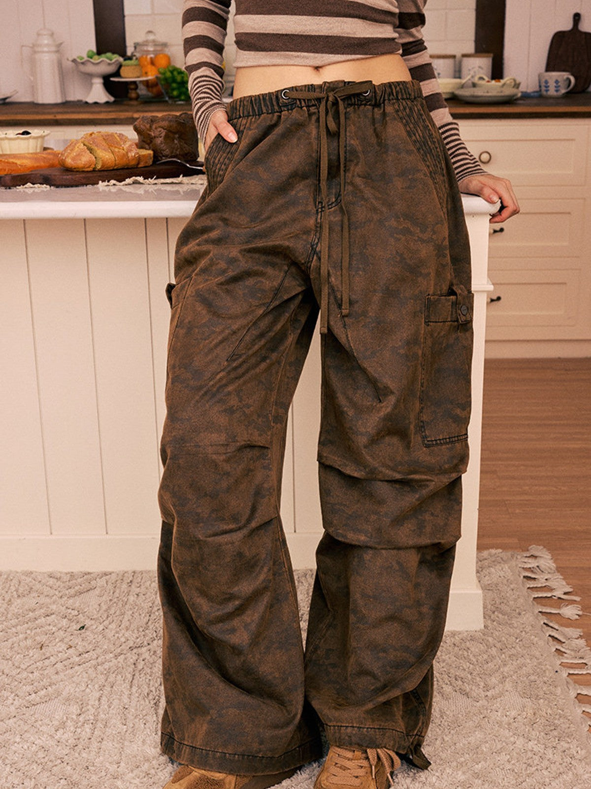 BEERBRO Washed Camo Parachute Cargo Pants in Brown - On Female Model