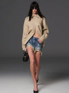 SMFK Long Sleeve Linen Button Down in Beige - On Female Model
