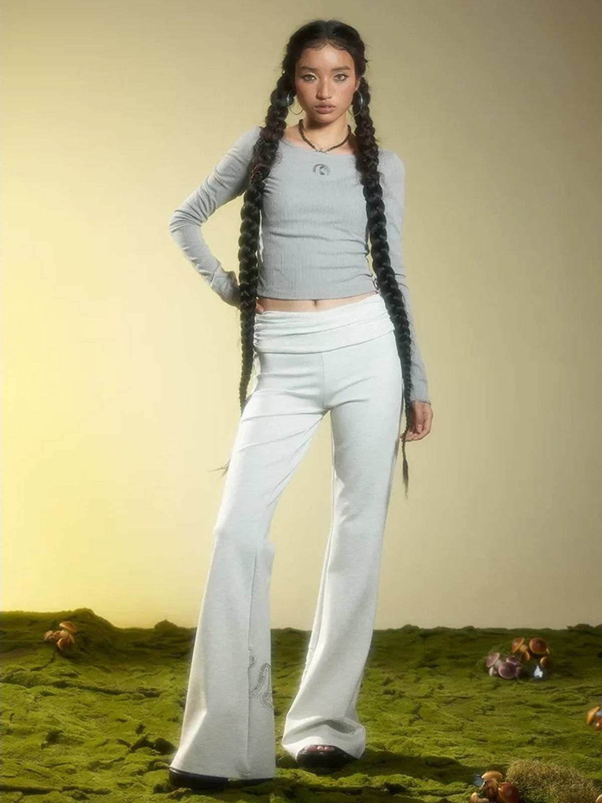 BeerBro Ruched Waist Stretch Flared Pants in Gray - On Female Model
