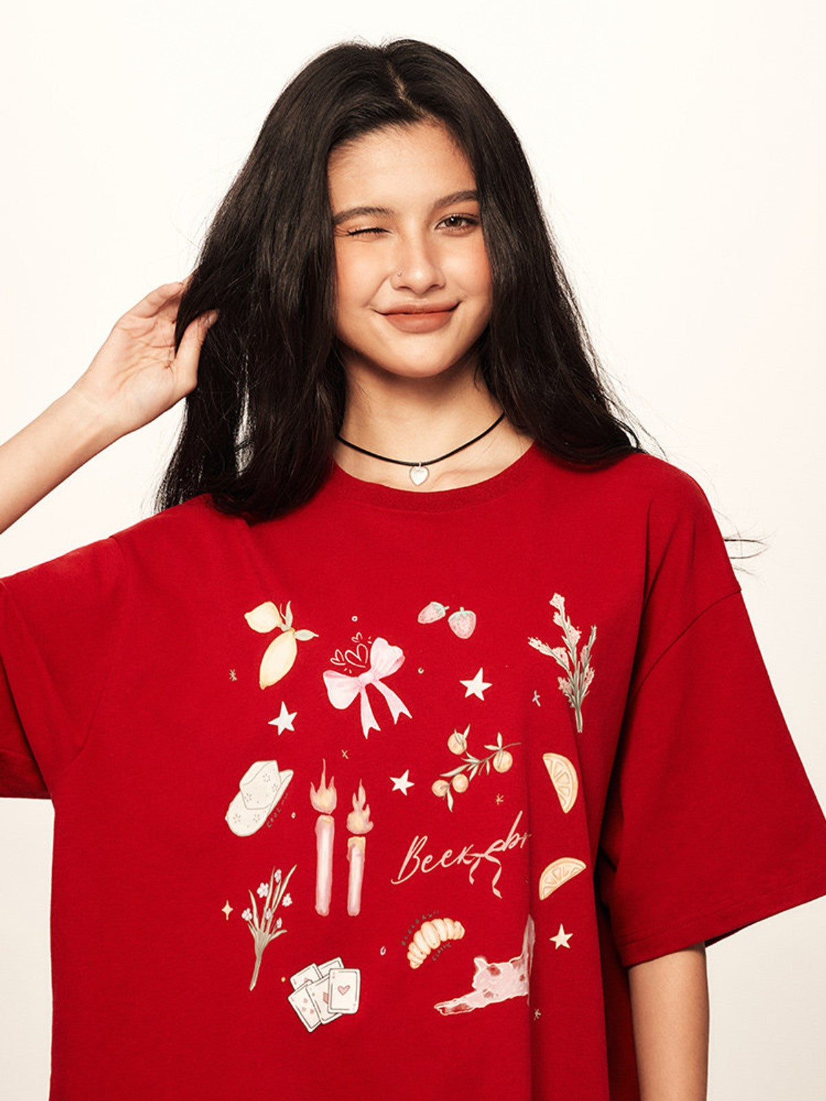 BEERBRO Retro Graphic Print T Shirt in Red - On Female Model