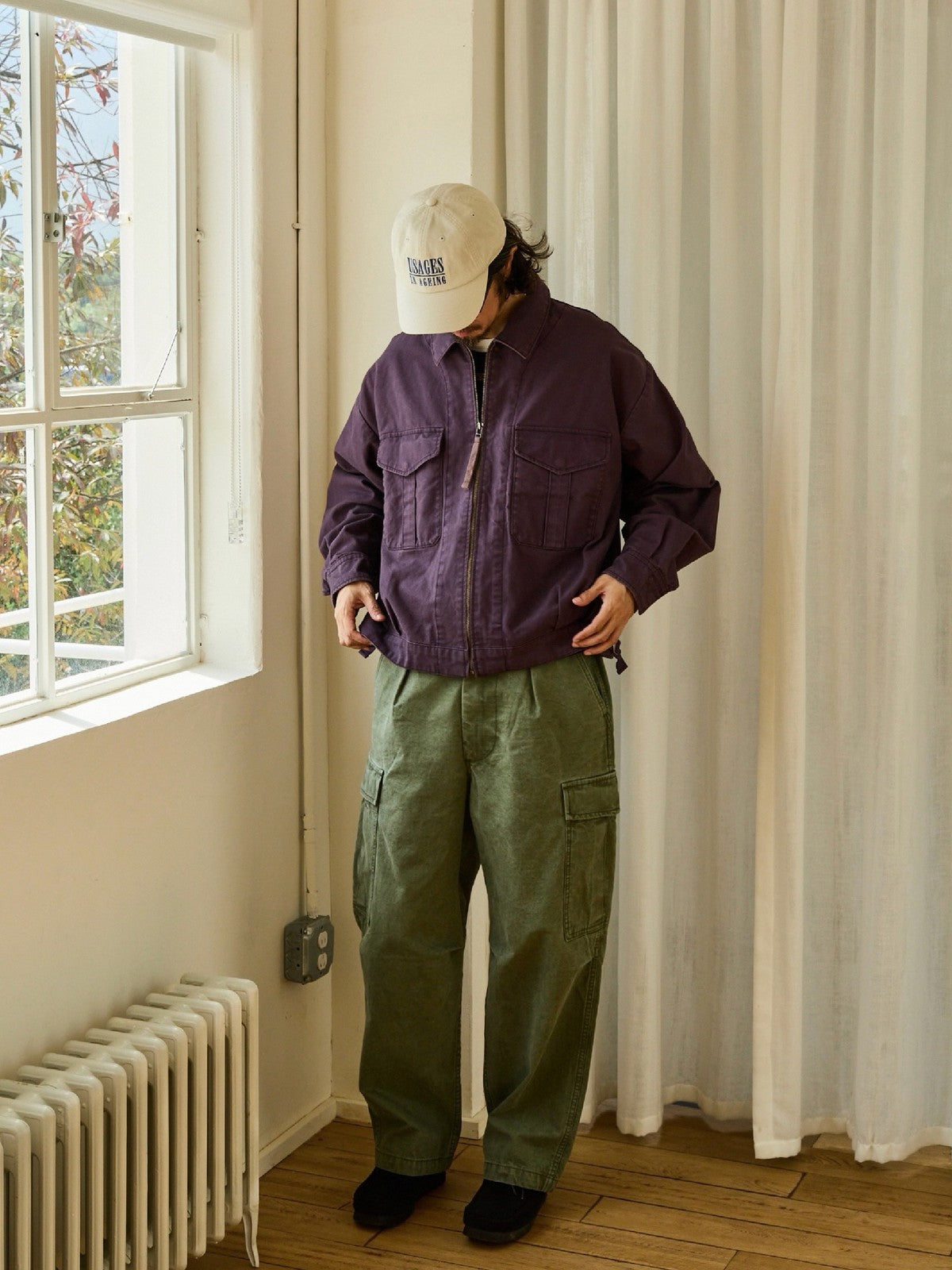 USAGE Heavyweight Canvas Cropped Workwear Jacket in Purple - On Male Model