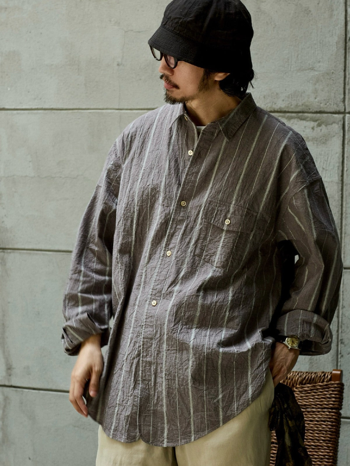 USAGE Crinkled Cotton Striped Button Down in Gray - On Male Model